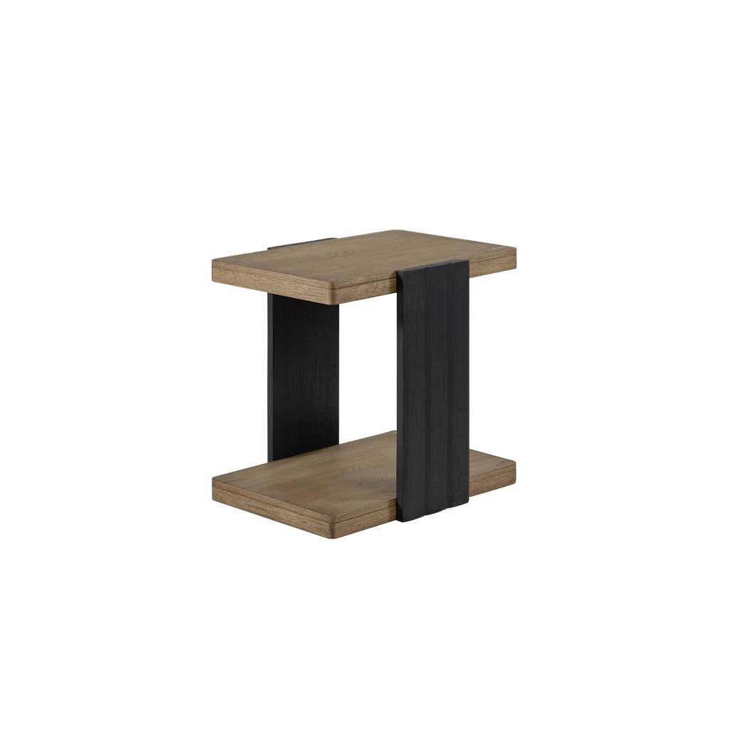 Modern wooden side table with black metal supports.