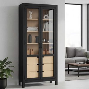 Modern black cabinet with glass doors and shelves.