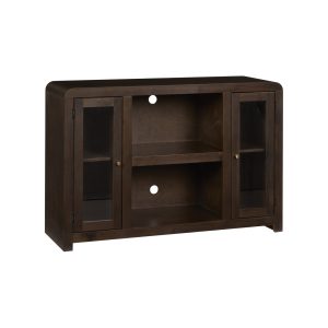 Dark wood entertainment console with glass doors and shelves.