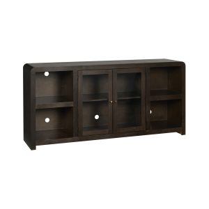 Dark wooden cabinet with glass doors and shelves.
