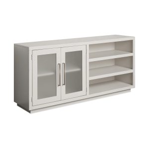 White storage cabinet with shelves and glass doors.