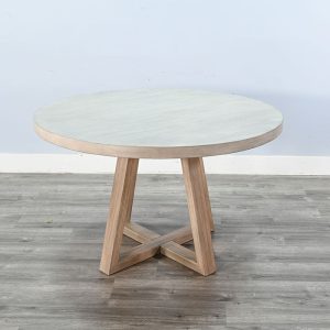 Round wooden table on gray floor