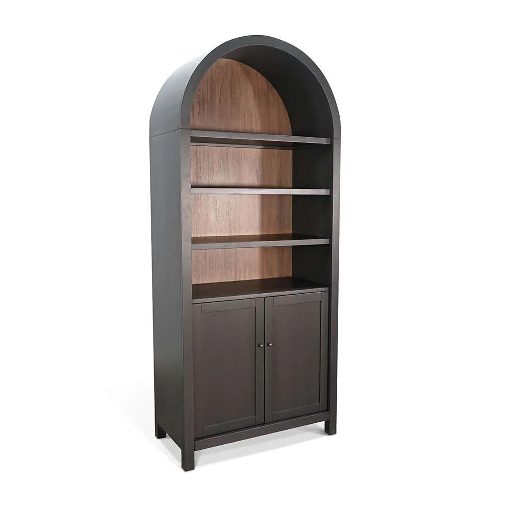 Black arched bookshelf with cabinets and shelves.