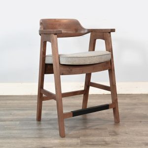 Wooden chair with cushioned seat and armrests.