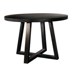 Round black wooden table with modern legs.
