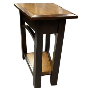 Wooden side table with dark legs and shelf.