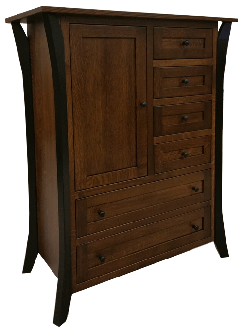 Wooden dresser with multiple drawers and cabinet.