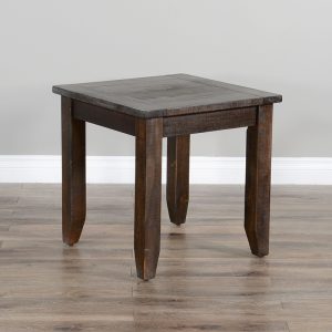 Rustic wooden side table on wooden floor.