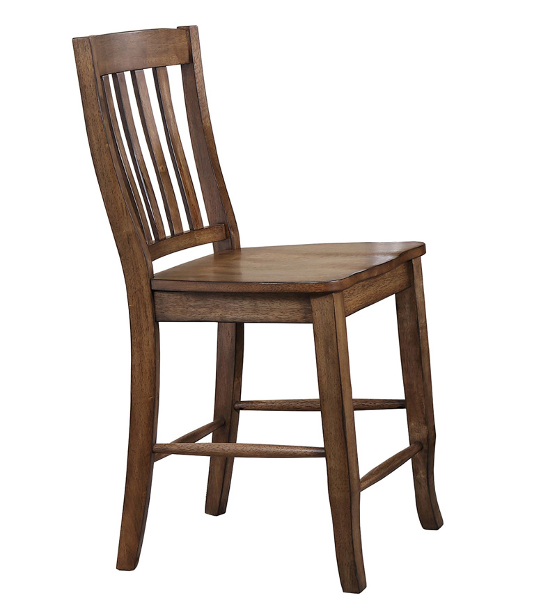 Wooden dining chair with vertical slats.
