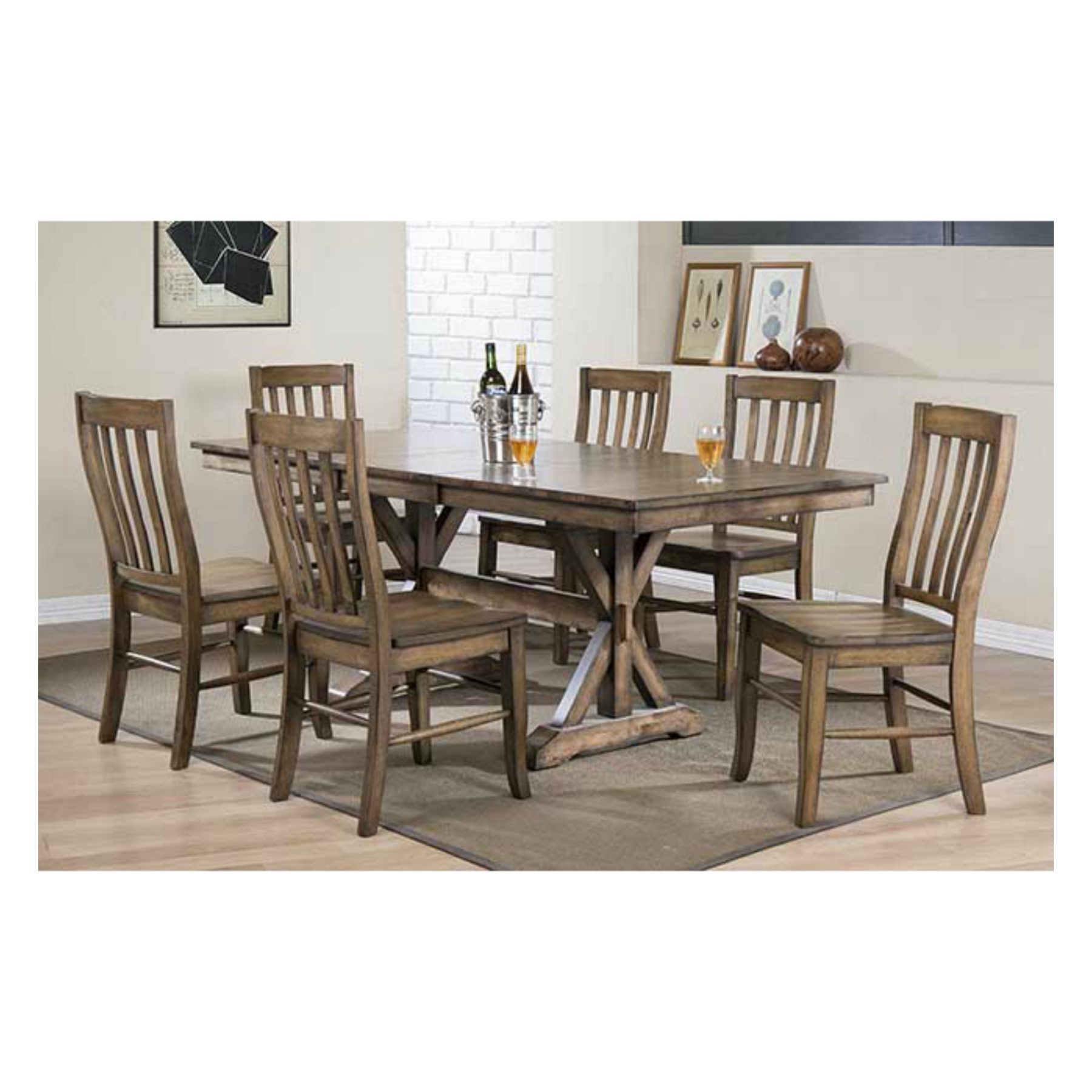 Wooden dining table set with six chairs.