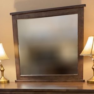 Mirror with lamps on wooden dresser