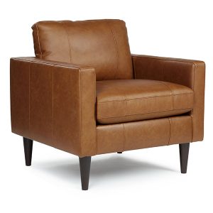 Brown leather armchair with wooden legs.