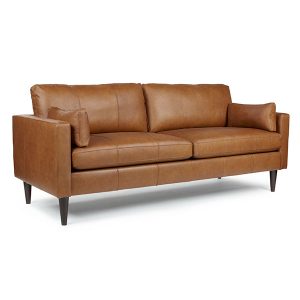 Brown leather sofa with cushions