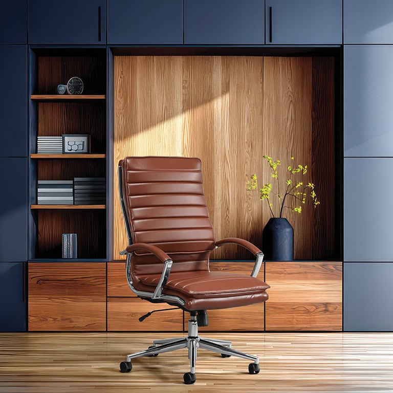 A Sleek Office Furniture Design With A Navy Blue And Walnut Wood